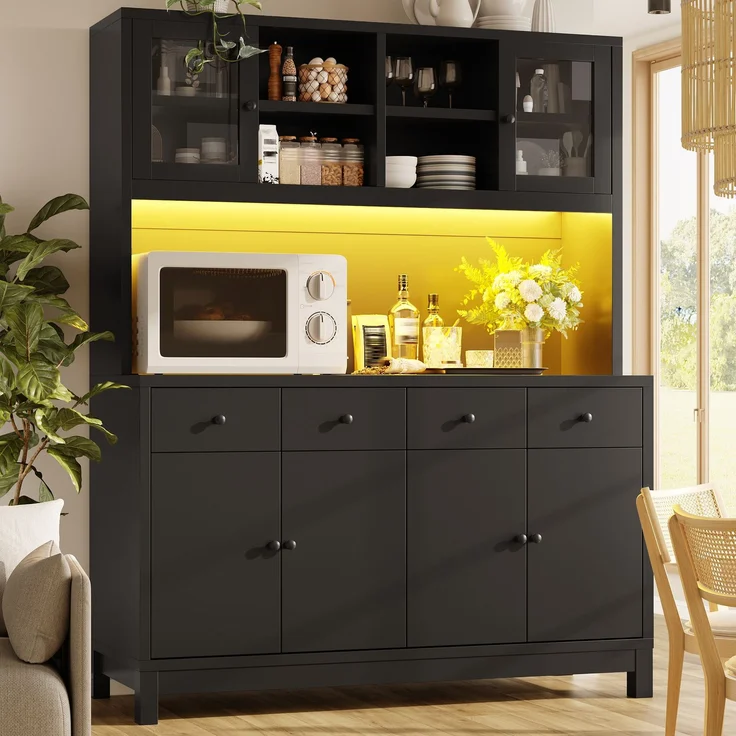 Hochbuffetschrank 140*38.5*180cm mit App-gesteuerter RGB-LED, Glastüren & 4 Schubladen, verstellbare Einlegeböden, belastbar bis 100kg, Schwarz--Schwarz--140x38.5x180cm--YOUDENOVA – Bild 8