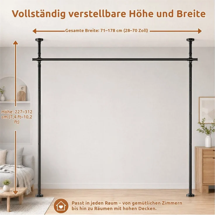 BlingBin Raumteiler Bohrfreier Raumteiler Spannstange, verstellbares Raumtrenn‑Spannsystem, 2‑vertikal 1‑horizontal, mit Vorhang, Höhe 227‑312 cm, Breite 71‑178 cm 4-tlg, freistehende Sichtschutz Trennwand für Mietwohnung, Homeoffice, Balkon – Bild 2