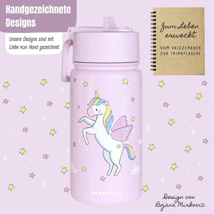 BEARFOOT Trinkflasche Thermo Kinder Trinkflasche Edelstahl - Einhorn lila, Thermosflasche, auslaufsicher, Edelstahl, Kinderflasche, BPA-frei – Bild 2