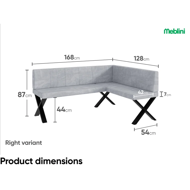 MEBLINI Eckbank für Esszimmer - Küchenbank - Essecke - Sitzecke Küche - PETER - X-Beine 128x168x87cm Rechts - Hellgrau Samt – Bild 7