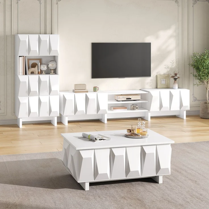 Wohnzimmermöbel Set mit 3D-Front, TV-Lowboard, Vitrinenschrank und Couchtisch, modernes Möbel-Set aus PB, geometrisches Design--Weiß--180x34x44.5cm--YOUDENOVA – Bild 1