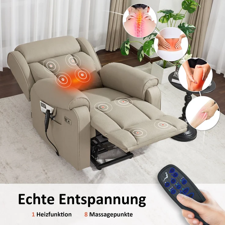M MCombo 4-Motoren-Fernsehsessel mit Aufstehhilfe Elektrisch, Elektrische Lenden- & Kopfstütze 165°Zero-Gravity Sessel mit Aufstehhilfe, Massage & Heizung 7558 (Mikrofaser, Beigebraun) – Bild 5