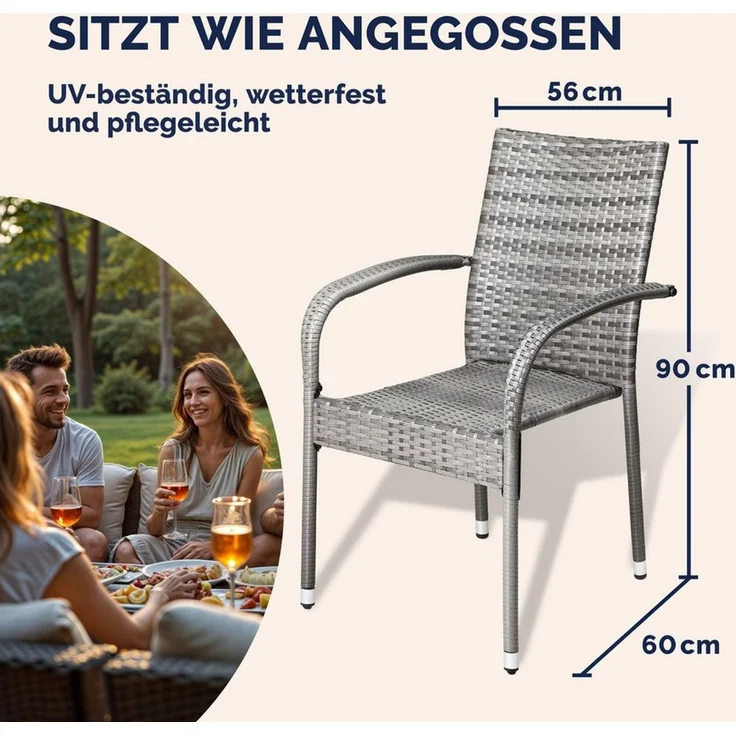 CASARIA 4-tlg. Gartenstuhl-Set, stapelbar & wetterfest, Polyrattan mit Armlehne, bis 160 kg belastbar, Grau – Bild 3
