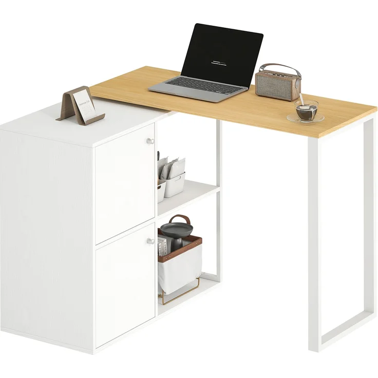 MELAYR, Schreibtisch L-förmig, 360° drehbarer Eckschreibtisch mit 2 Lagerschränken, 150 x 40 x 75 cm, Weiß – Bild 1