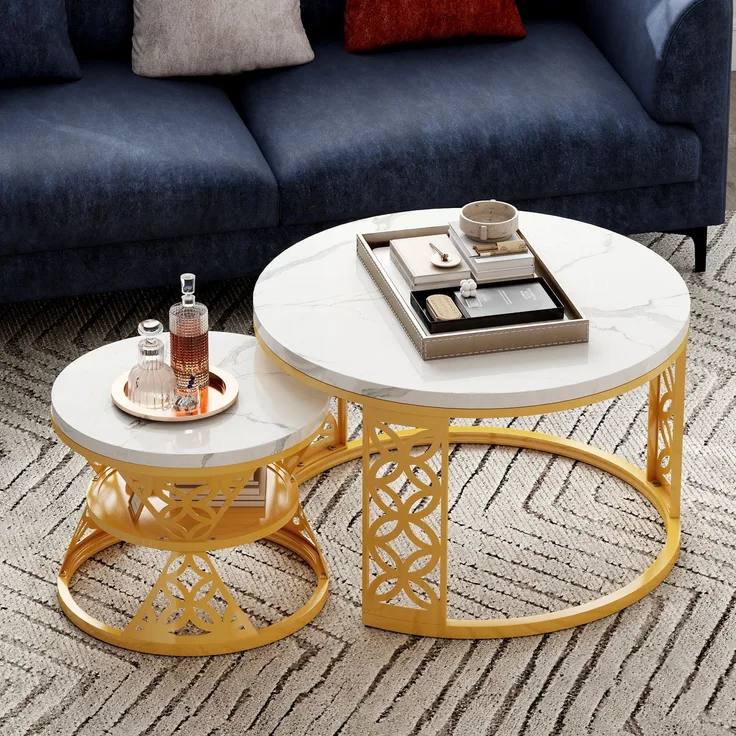 2er-Set runder Couchtisch aus Marmor-Furnier mit Kontrastdesign, nestbar, 70x70x45 cm + 45x45x37 cm