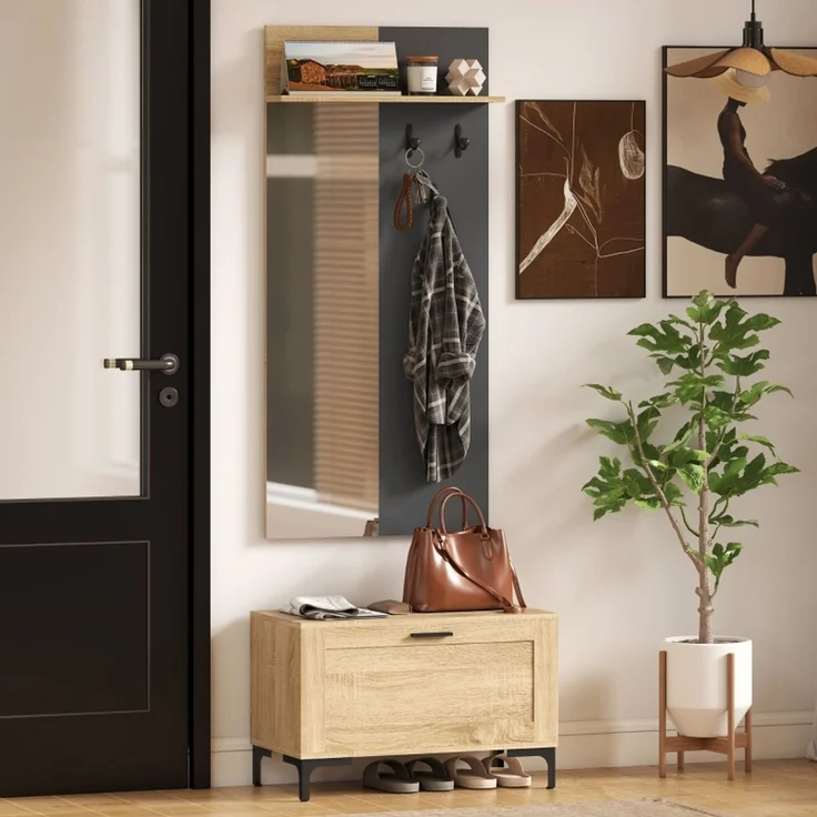 JARDJ Garderobenset für Eingangsbereich, Schuhbank, Spiegel, 3 Haken, Offenes Regal, Flurmöbel, 60*13,5*127,5cm – Bild 6