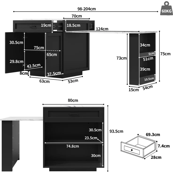 Bartisch 98-204x70x93,5 cm, ausziehbar, mit Stauraum und Rollen, Schwarz – Bild 5