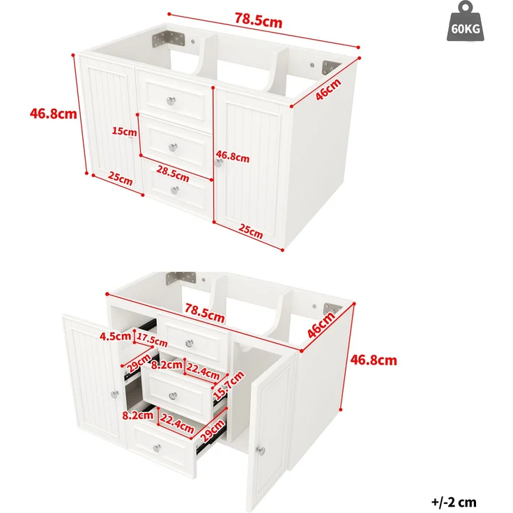 Waschbeckenunterschrank, Unterschrank, Waschtischunterschrank, Badezimmerschrank mit 3 Schubladen, viel Stauraum, Hängender Waschtisch, Moderner Stil,Badmöbel für Badezimmer,weiß,78.5×46×46.8cm – Bild 5