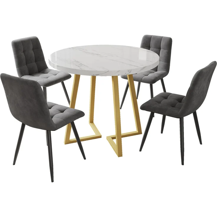 Essgruppe 5-teilig rund Ø80 cm mit modernem Marmortisch & 4 Samtstühlen, elegantes Küchen- und Esszimmer Set – Bild 6