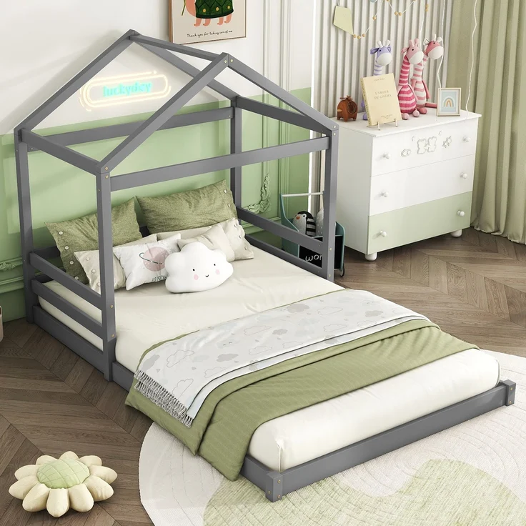 Hausbett 140x200 cm für Kinder, Kinderbett in Hausform mit Lattenrost,modernes Montessori Bett,stabiles Holzhausbett, Grau – Bild 3