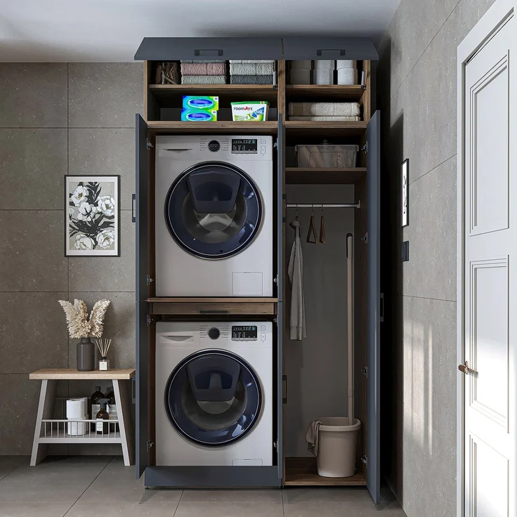 Roomart Waschmaschinenschrank - DORA-I- 115 cm breit - Wasch- & Trocknerschrank mit Türen & Ausziehbrett, Waschmaschinen-Überbau für Waschküche & Hauswirtschaftsraum • Anthrazit-Eiche – Bild 4
