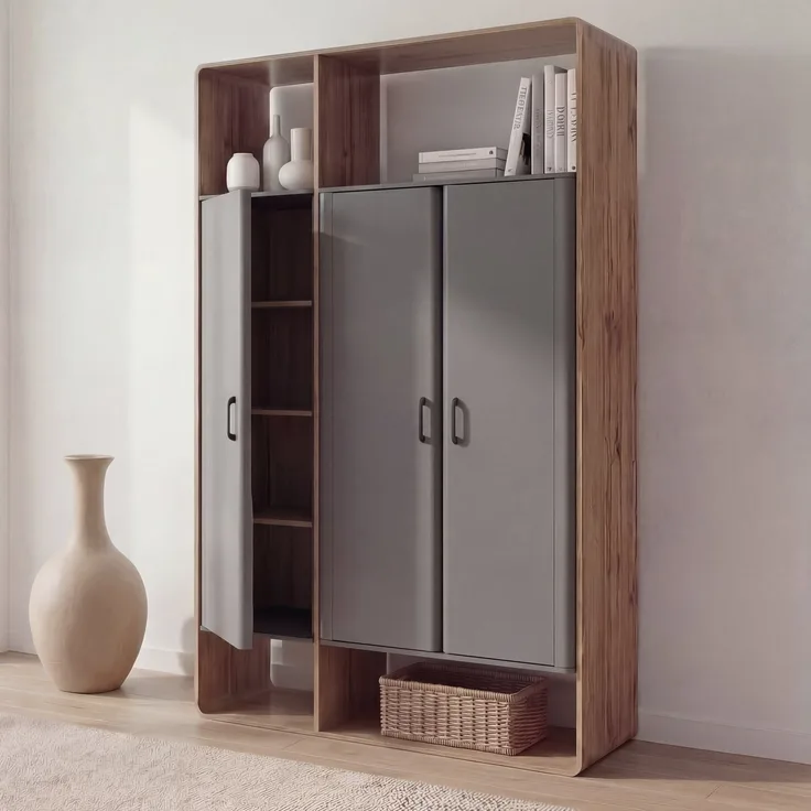 Schrank HWC-P43, Garderobenschrank Kleiderschrank Highboard 3 Türen MDF 200x120x55cm ~ Rivera-Eiche-Optik, dunkelgrau