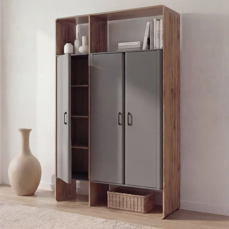 Schrank HWC-P43, Garderobenschrank Kleiderschrank Highboard 3 Türen MDF 200x120x55cm ~ Rivera-Eiche-Optik, dunkelgrau – Bild 1