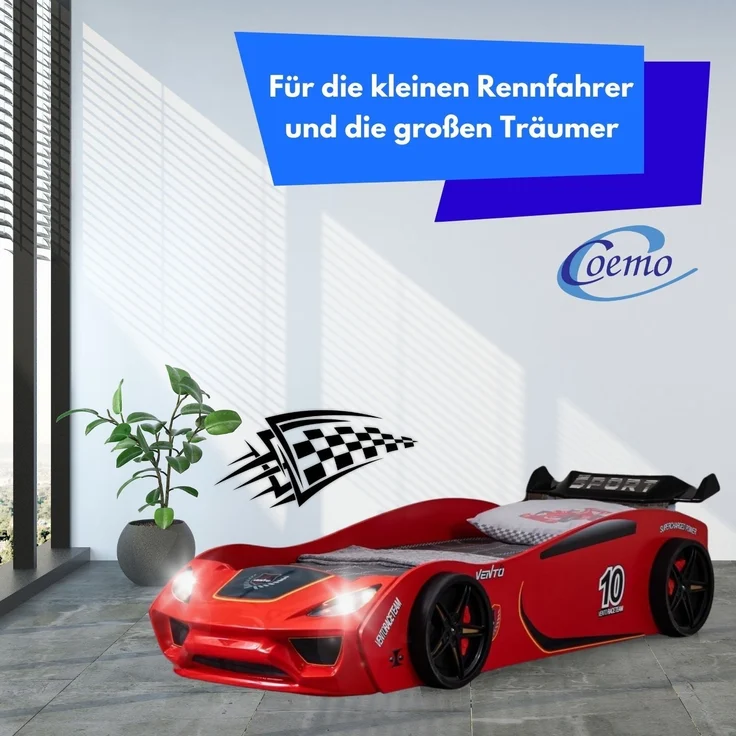 Autobett VENTO Kinderbett 90x200 cm Rennwagen-Bett inkl Lattenrost, Spoiler, LED-Licht, Farbe Rot – Bild 4