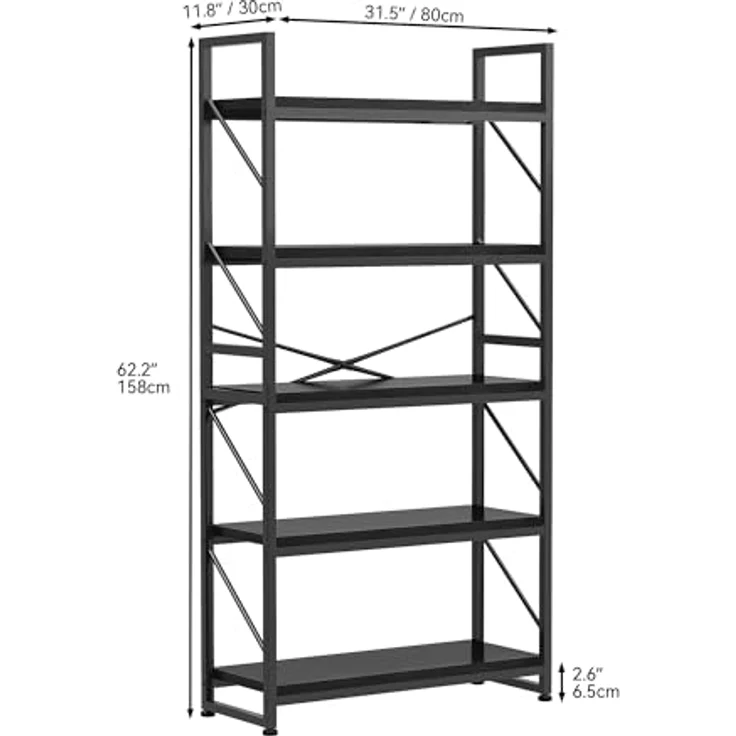 YITAHOME Bücherregal mit 5 Ebenen, Großes Standregal, Holzregal und Metallrahmen, Industrieregal, Bodenstehendes Lagerregal, für Wohnzimmer, Home Office, Schwarz Regal – Bild 3