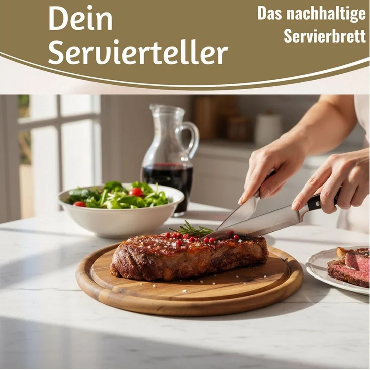 LS-LebenStil Servierbrett 4x Holz Fleischteller Servierteller 25cm Akazie Rund Schneidebrett, Holz, (Set - 4 Stück - Schneidebrett mit Saftrille Vesperbrett Brotzeitbrett, 4-St, Vesperbrett Servierteller Pizzateller Käsebrett Holzbrett) – Bild 3