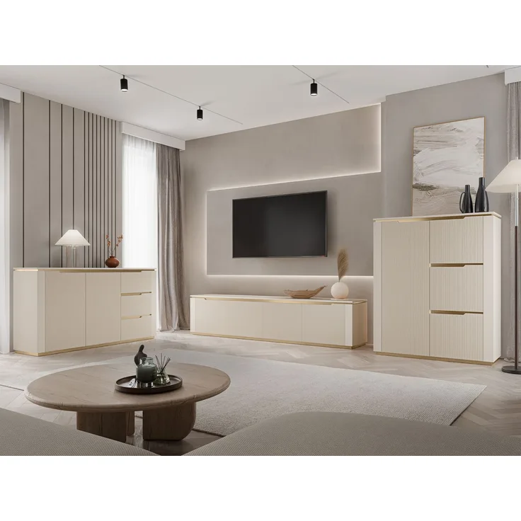 Wohnzimmer-Set Hilafin I (Farbe: Sandbeige / Sandbeige + Gold)