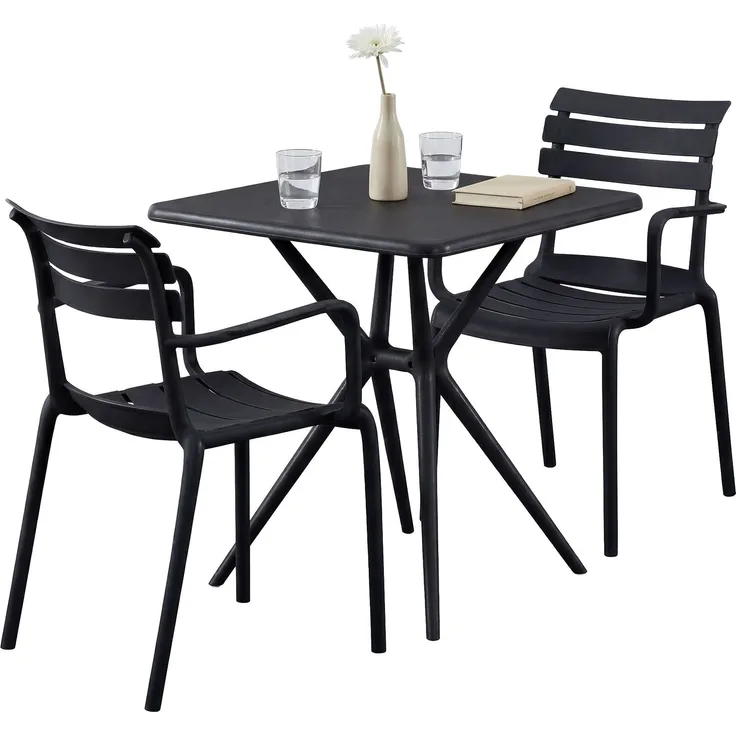 Gartenmöbel-Set NORA mit 2 Stühlen - 186x72x82cm, Kunststoff, Schwarz | Balkonset Gartenset Tisch mit Stühlen Bistroset Outdoor
