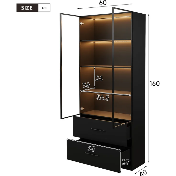 ZUBALIYA LED-Vitrine 60×40×160 cm - Glasvitrine, Bücherregal und Multifunktionsschrank mit Beleuchtung und Schubladen, mit Aluminiumrahmen, Hartglastüren und sanft schließenden Scharnieren, mehrfarbige LED – Bild 6