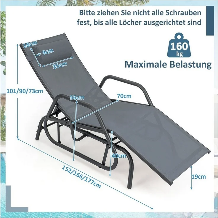 COSTWAY Gartenliege Sonnenliege, 3-fach verstellbar, Schaukelfunktion & Kissen – Bild 2