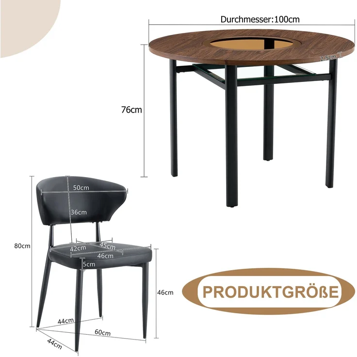 Esstisch-Set mit 2 PU-Stühlen, Glasintarsie, Ø 100x76 cm, Braun/Schwarz – Bild 4