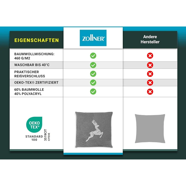 2er Set Wohnkissen-Bezug Hirschoptik 50x50 cm in Grau – Bild 6