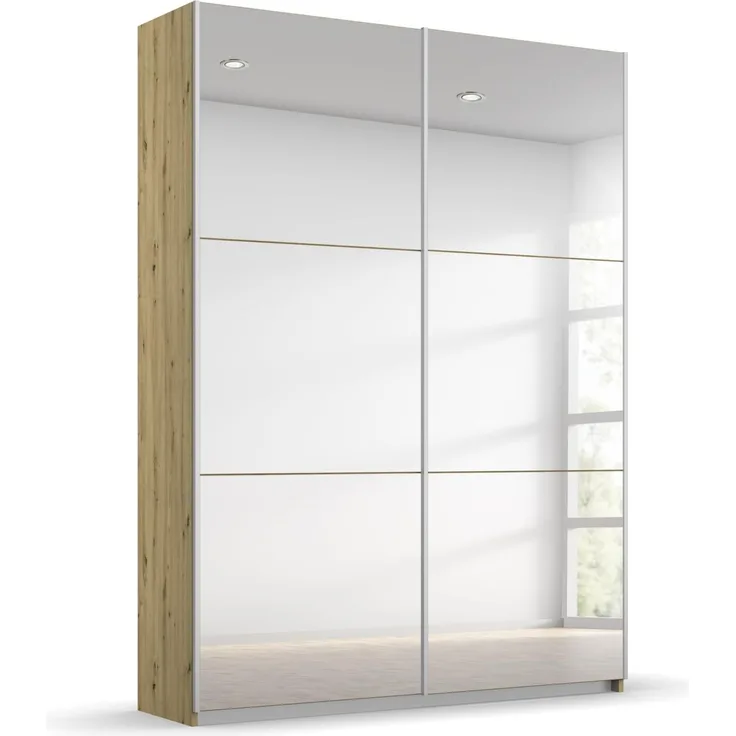 Rauch Möbel Reflect, Kleiderschrank mit Spiegel für Schlafzimmer, Wohnzimmer, Kinderzimmer, Flur, Garderobe, 2-türig, 2 Spiegeltüren, mit weiterem Zubehör, Farbe Eiche Artisan, Holz, 131 x 191 x 59 cm