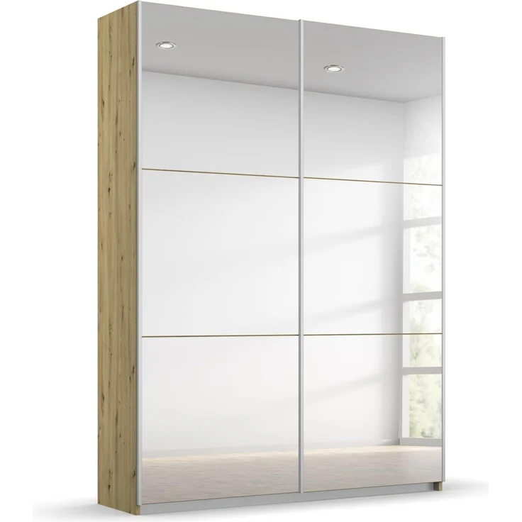 Rauch Möbel Reflect, Kleiderschrank mit Spiegel für Schlafzimmer, Wohnzimmer, Kinderzimmer, Flur, Garderobe, 2-türig, 2 Spiegeltüren, mit weiterem Zubehör, Farbe Eiche Artisan, Holz, 131 x 191 x 59 cm