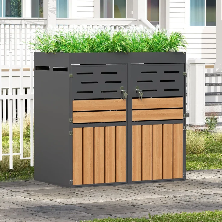 LVHOM Mülltonnenbox 2er mit Pflanzkasten, 2x240 L, Abschließbare Mülltonnenverkleidung aus Stahl für Garten, Anthrazit – Bild 2