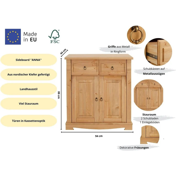 OTTO home Kommode Anna, Sideboard, Anrichte, Stauraumschrank (B/T/H: 94/40/88 cm), aus massiver Kiefer, Breite 94 cm, mit Kassettenoptik, FSC® – Bild 2