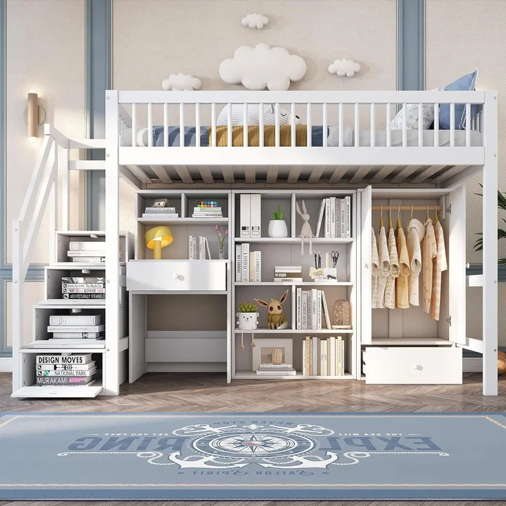 Odikalo Kinderbett Jugendbett Schreibtisch Treppe Schließfächern Kleiderschrank 90*200