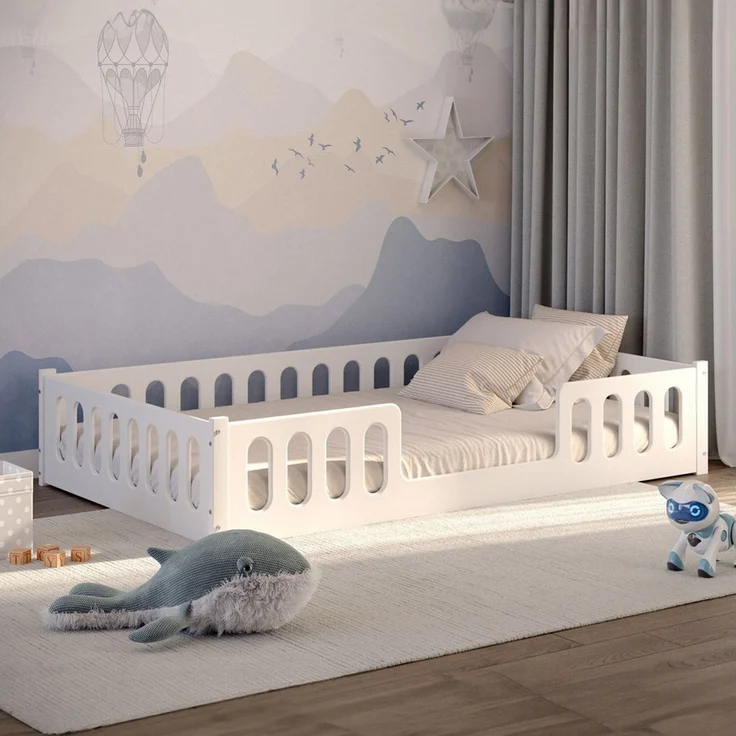 CADANI 2in1 Monte Bodenbett 120x200 cm Montessori Kinderbett weiß, Rausfallschutz abnehmbar, 42 kg schwer, bis 200 kg belastbar, extra starker Roll-Lattenrost, umbaubar – Bild 5