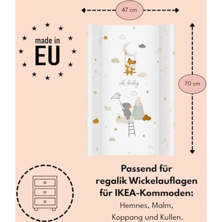 Wickelauflage 70x47 cm, Weiß mit Maus – abwaschbar & weich, profilierte Ränder für mehr Sicherheit – Wickeltischauflage für Wickelkommode – Baby Wickelunterlage mit Komfortfüllung – Bild 5