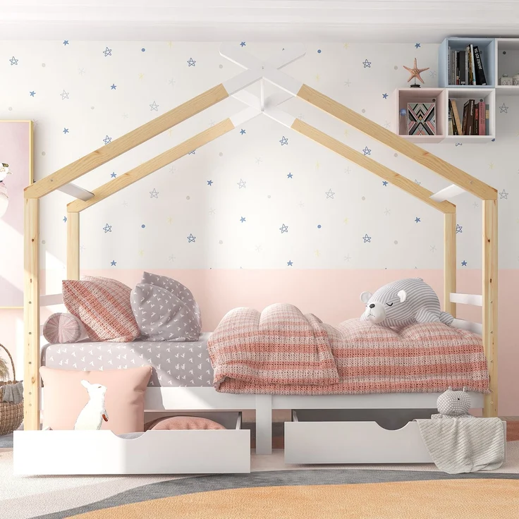 Merax Kinderbett Hausbett mit Schubladen, Massivholz mit Lattenrost, Kiefernholz Hausbett , Kinder und Jugendzimmer, weiß+holzfarbe (90x200cm) – Bild 1