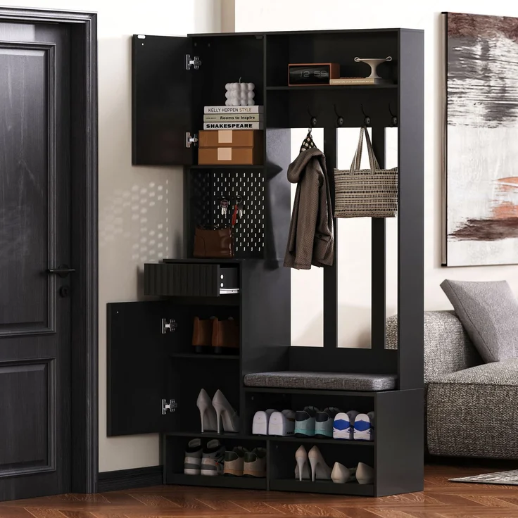 Garderobenset, Komplett-Set Flurgarderobe mit Sitzbank, 4 Haken, Türen & Schubladen - Schwarz , Kompaktmaße 100×180×35 cm (B×H×T) – Bild 4