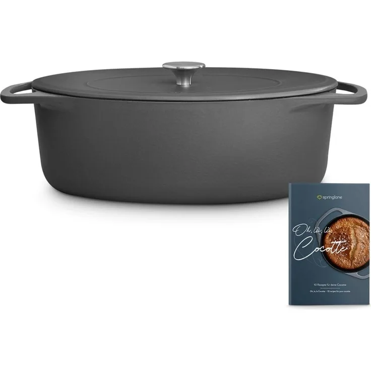 Springlane Bräter Cocotte Grau mit Deckel, Gusseisen, 6,5 L, Ø 33cm, Oval, Gusseisen emailliert, Ideale Feuchtigkeitsverteilung durch Tropfenstruktur