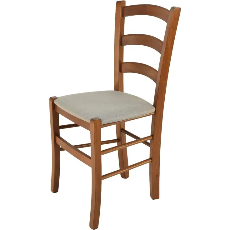 Tommychairs - Stuhl Venice für Küche und Esszimmer, Struktur aus lackiertem Buchenholz Farbton helles Nussbraun und gepolsterte Sitzfläche mit Stoff in der Farbe Gämsebraun bezogen