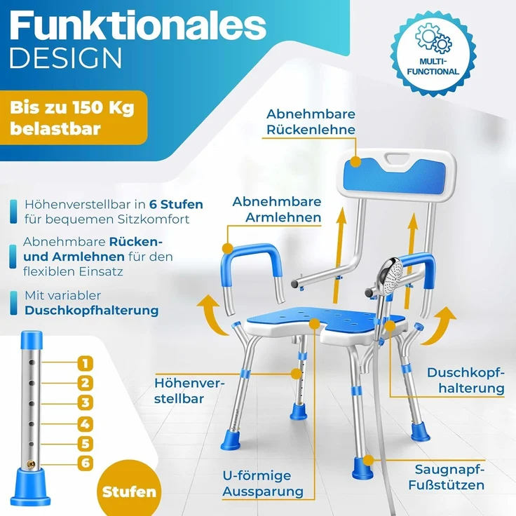 KESSER® Duschhocker mit Lehne, höhenverstellbar in 6 Stufen, 38-54cm, 150 kg belastbar, Anti-Rutsch Füße & Matten, Duschhilfe Senioren & Schwangere Duschsitz mit Brausehalterung, Weiß / Blau, 43 x 51 x 71-86 cm – Bild 4