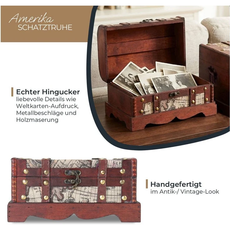 HMF Schatzkiste Handgefertigte Schatztruhe aus Holz (1 St), dekorative Aufbewahrungsbox, 23 x 13 x 11 cm, Amerika – Bild 2