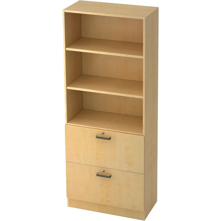 bümö office Aktenschrank mit Hängeregister-Schubladen abschließbar, Büroschrank Holz, 80cm breit in Ahorn - Hängeregistratur für Hängeordner, Büro Schrank mit Relinggriffen, 7300-3-3-SG