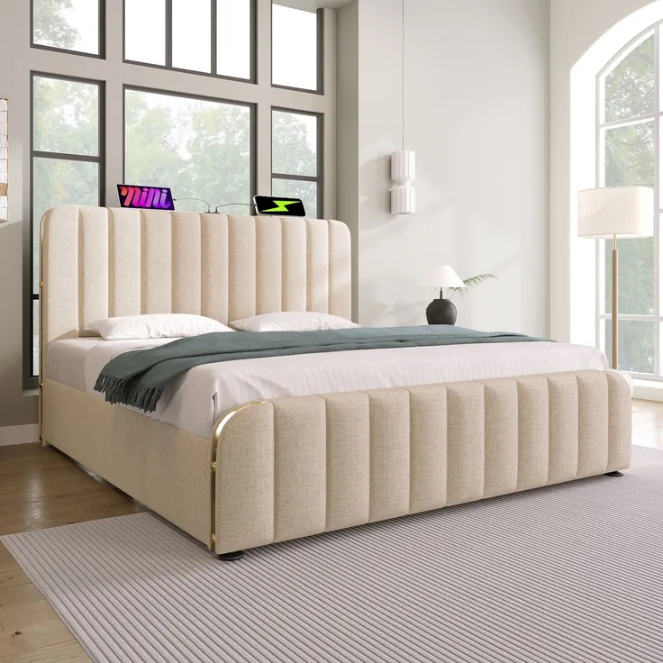 Polsterbett 140x200 cm Beige mit Kopfteil,USB Typ-C Ladeanschluss & hydraulischem Stauraum,Metallrahmen mit goldenen Akzenten
