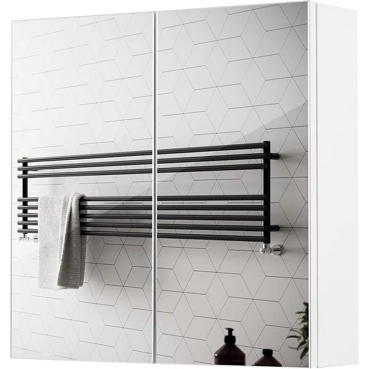 Meerveil Spiegelschrank, Badezimmerspiegel mit 2 Türen 2 Einlegeböden Holz Moderner Stil, 45 x 13 x 45 cm Weiß, FYMC14WT-G2N, Weiß - Rechter – Bild 1