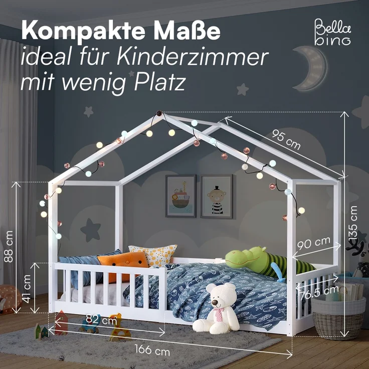 Bellabino 'Bia' Hausbett 80x160 cm mit Matratze, weiß, Kiefer Massivholz, Bodenbett in Hausoptik, Montessori Kinderbett mit Rausfallschutz und Lattenrost – Bild 9