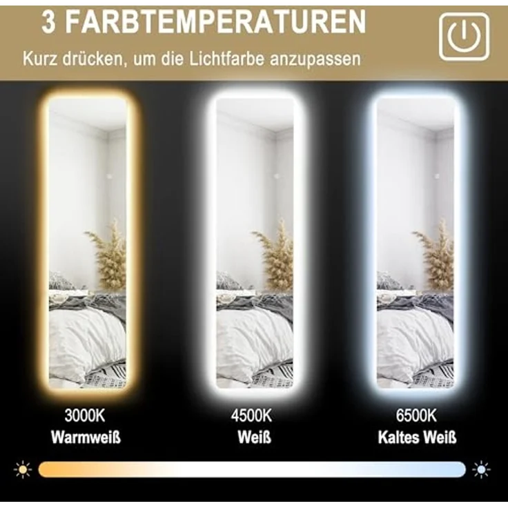 HOMCOM Standspiegel 150 x 40 cm Flurspiegel mit LED-Beleuchtung, 3 Lichtfarben (Wandspiegel, 1-St, Ganzkörperspiegel), für Schlafzimmer, Wohnzimmer, Transparent – Bild 5