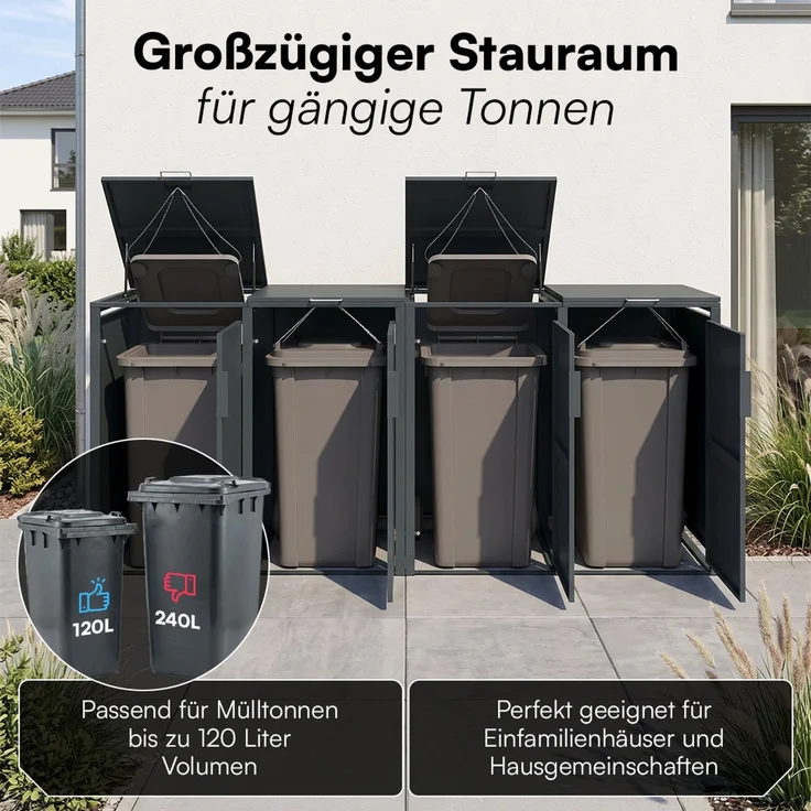 STEELSØN 'Thoria' Mülltonnenbox 4er je 120 Liter, anthrazit, Mülltonnenverkleidung aus Stahl, wetterfest, 102x62x234 cm, Müllbox für 4 Tonnen – Bild 2