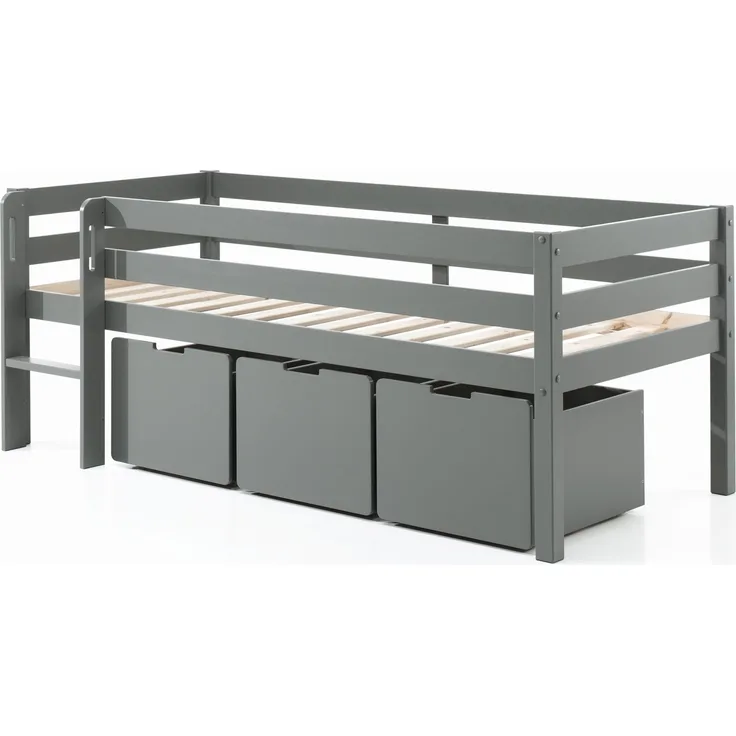Kojen-Spielbett mit Liegefläche 90x200 cm, inkl. Leiter, Regal, Rolllattenrost und 3 Schubkästen, Kiefer und MDF grau lackiert