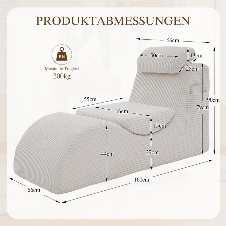 LVHOM Relaxsessel Ergonomisches Design, Lesesessel mit verstellbarer Kopfkissen und Sitzkissen, Fernsehsessel mit Seitentasche, Cord Bezug, bis 200kg belastbar – Bild 6
