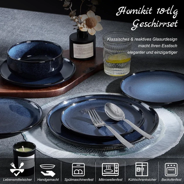 Homikit 18-tlg Steinzeug Geschirr Set Universum Blau, Mikrowellen- und – Bild 3