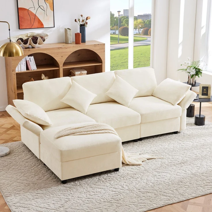 Ecksofa mit Hocker, Zierkissen und Rückenlehnen, L-Form, Armlehnen verstellbar, inkl. Federkern, Polstersofa, Loungesofa, Chenille – Bild 2