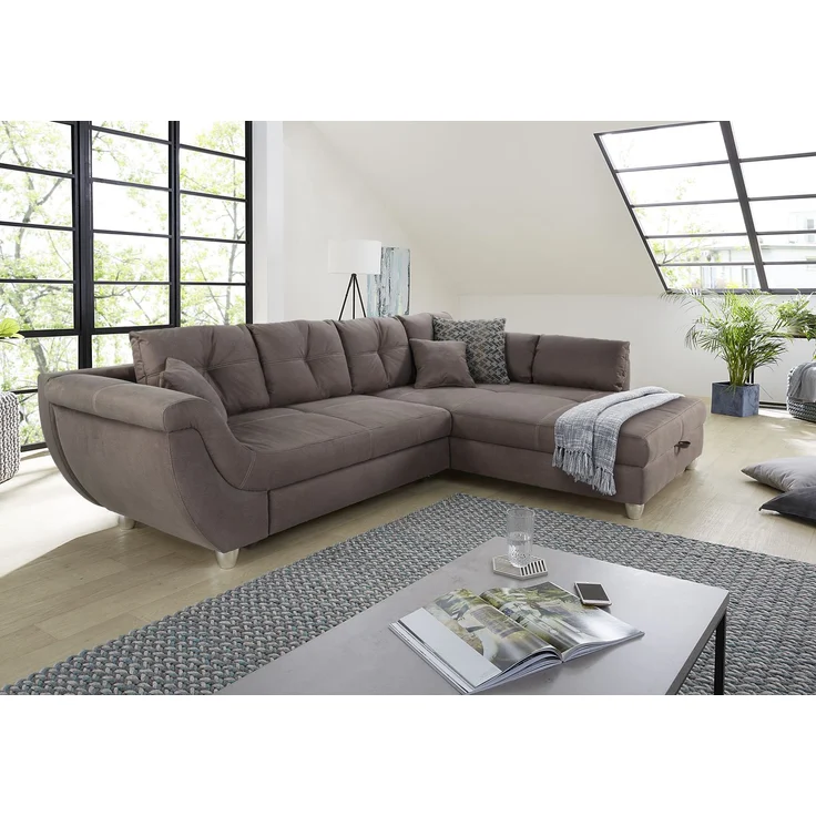 Ecksofa groß mit Rutschen-Armlehne Schlaffunktion Bettkasten Couch in Braun – Bild 2
